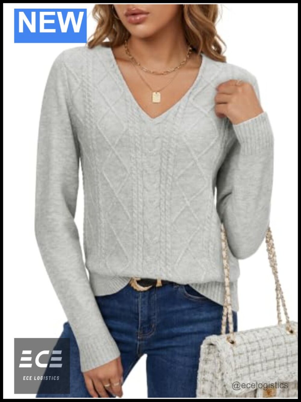 Womens Cable Knit V-Neck Sweater Pullover Lightweight